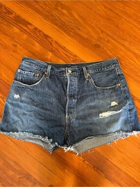 Levi’s High-Rise Dark Blue Distressed Denim Shorts